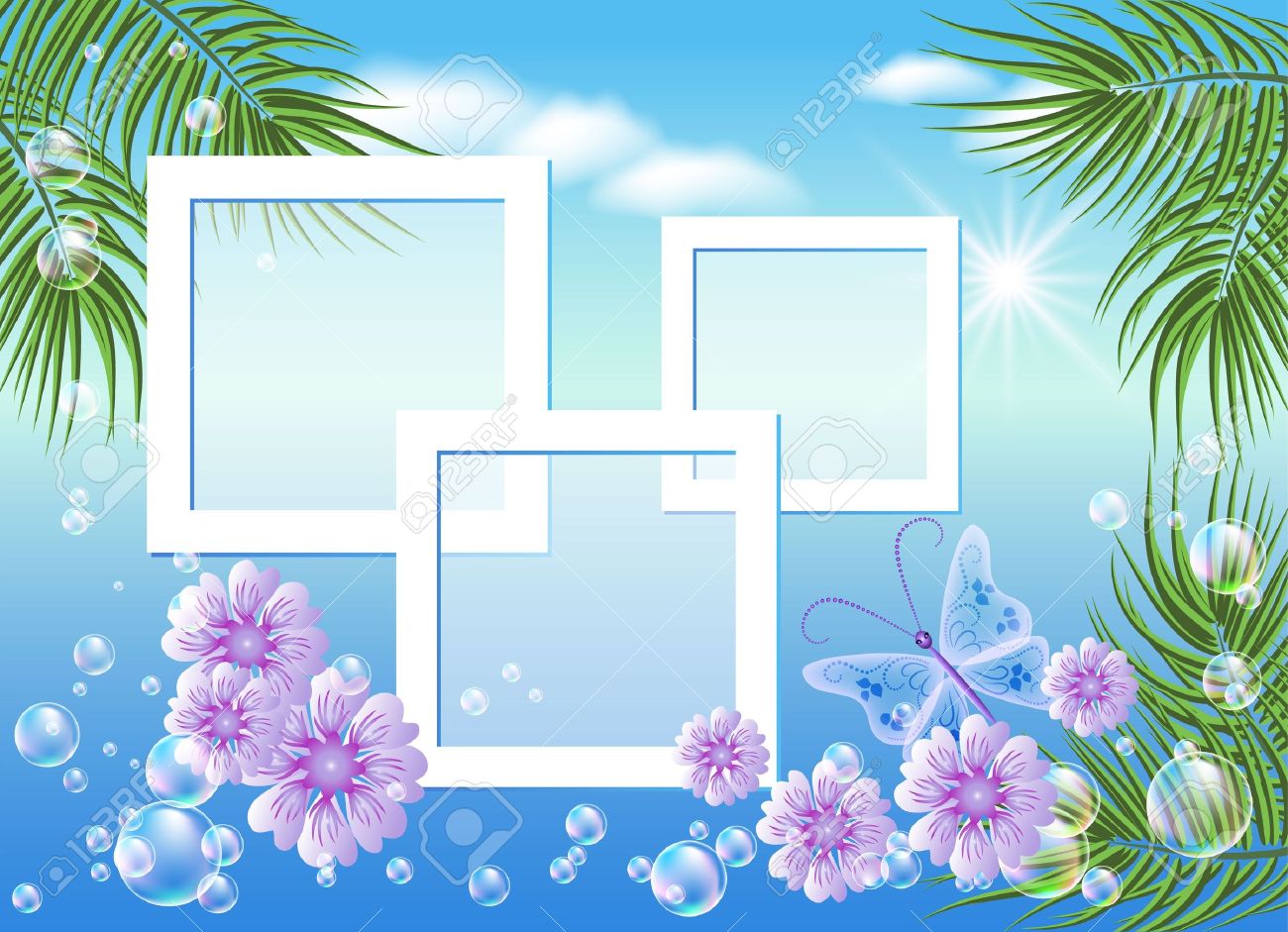 パーム 花 泡 蝶と海の風景とフォト フレームをデザインします のイラスト素材 ベクタ Image パーム 花 泡 蝶と海の風景とフォト フレームをデザインします のイラスト素材 ベクタ Image