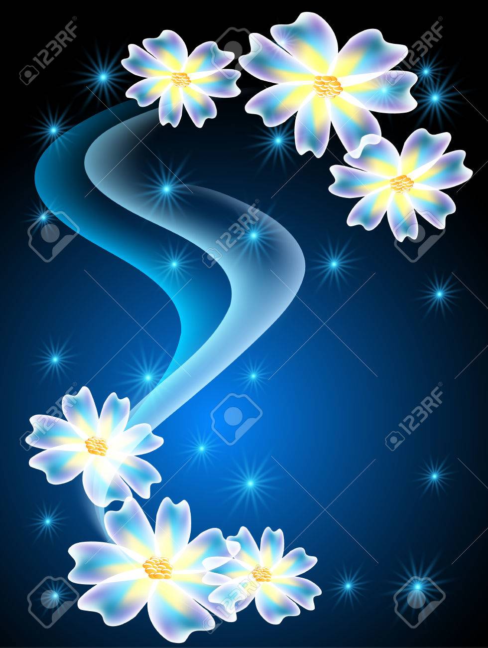 neon flowers with glowing smoke and sparkle stars royalty free