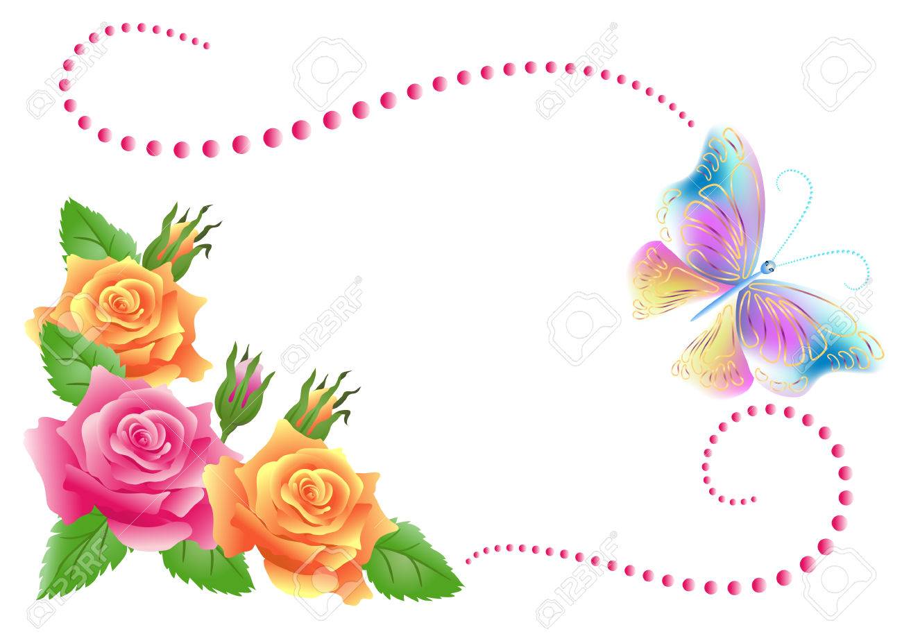 Flowers ornament and butterfly isolated on white background - 53235363 Flowers ornament and butterfly isolated on white background - 53235363
