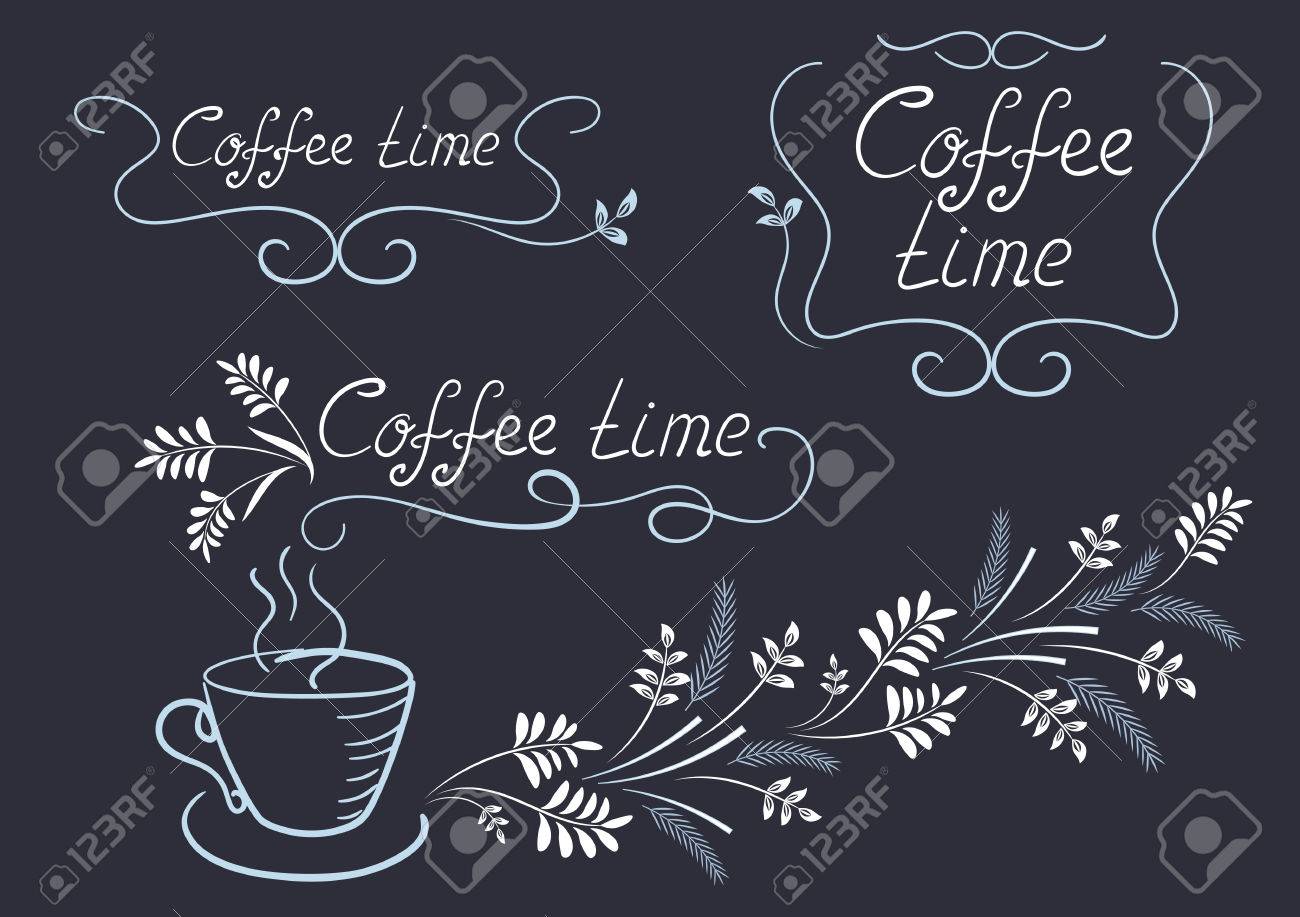 カフェやレストラン セットの装飾品 書道のフレーム コーヒー カップ スタイル手の図面や手書きの見出しのコレクション デザイン要素看板 のイラスト素材 ベクタ Image