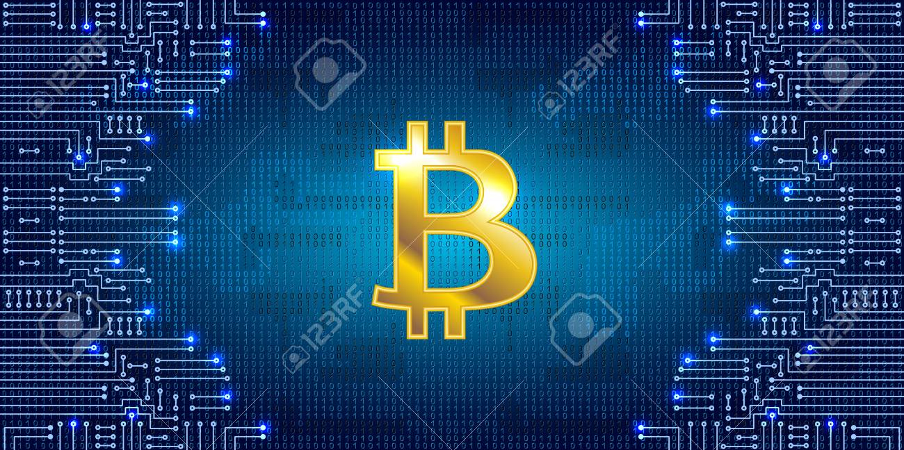 Símbolo Virtual De La Moneda Bitcoin En El Fondo Del Código Binario Y El  Circuito Electrónico. Cripto-moneda. Ilustraciones svg, vectoriales, clip  art vectorizado libre de derechos. Image 81167728