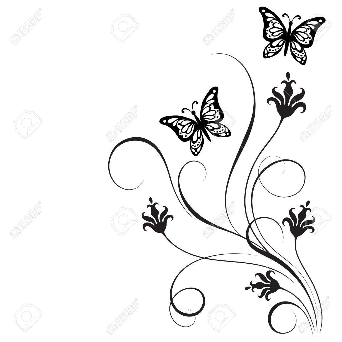 decorative floral corner ornament with flowers and butterfly