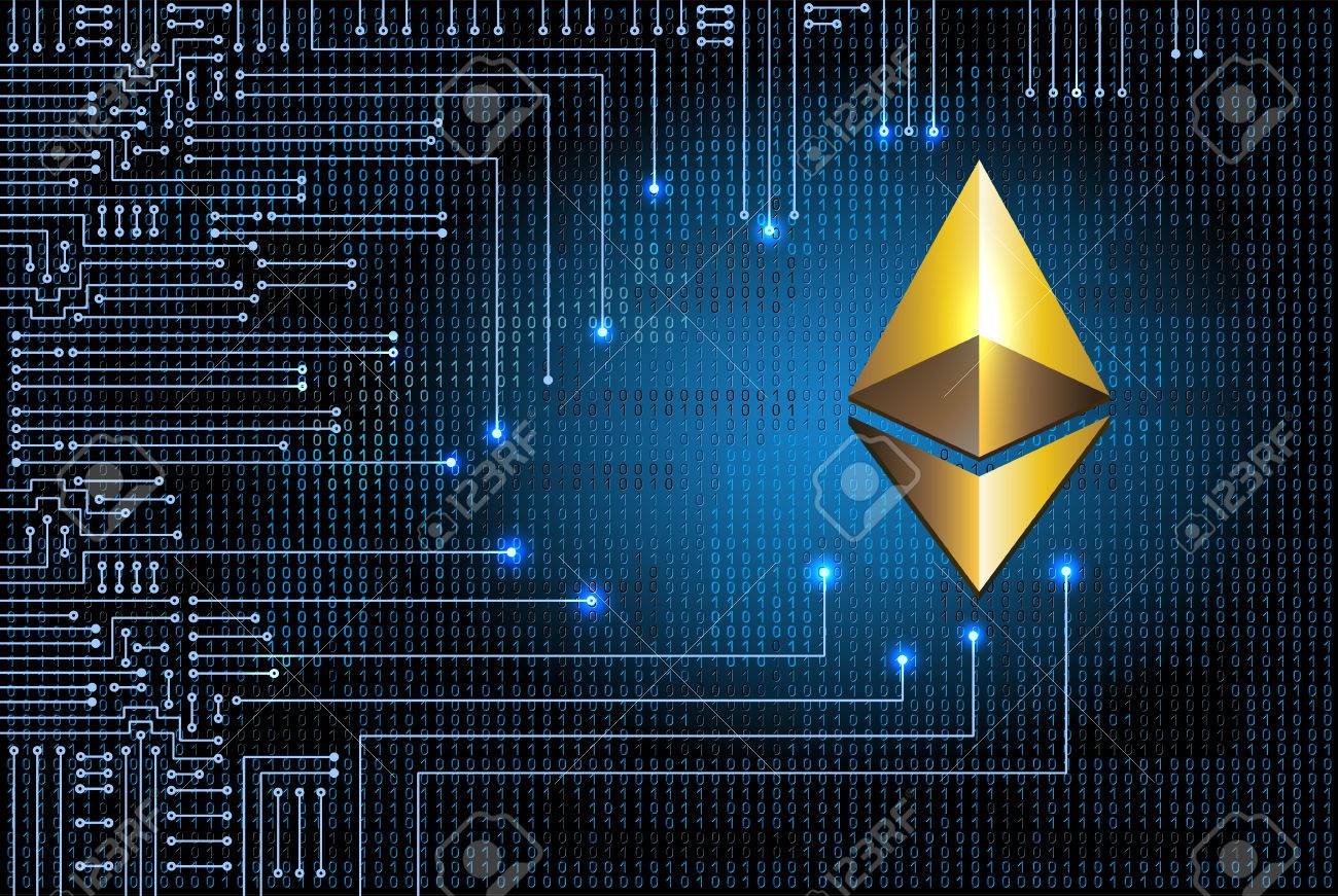 Símbolo Virtual De La Moneda Ethereum En El Fondo Del Código Binario Y El  Circuito Electrónico. Moneda De Cripto Ilustraciones svg, vectoriales, clip  art vectorizado libre de derechos. Image 85759686