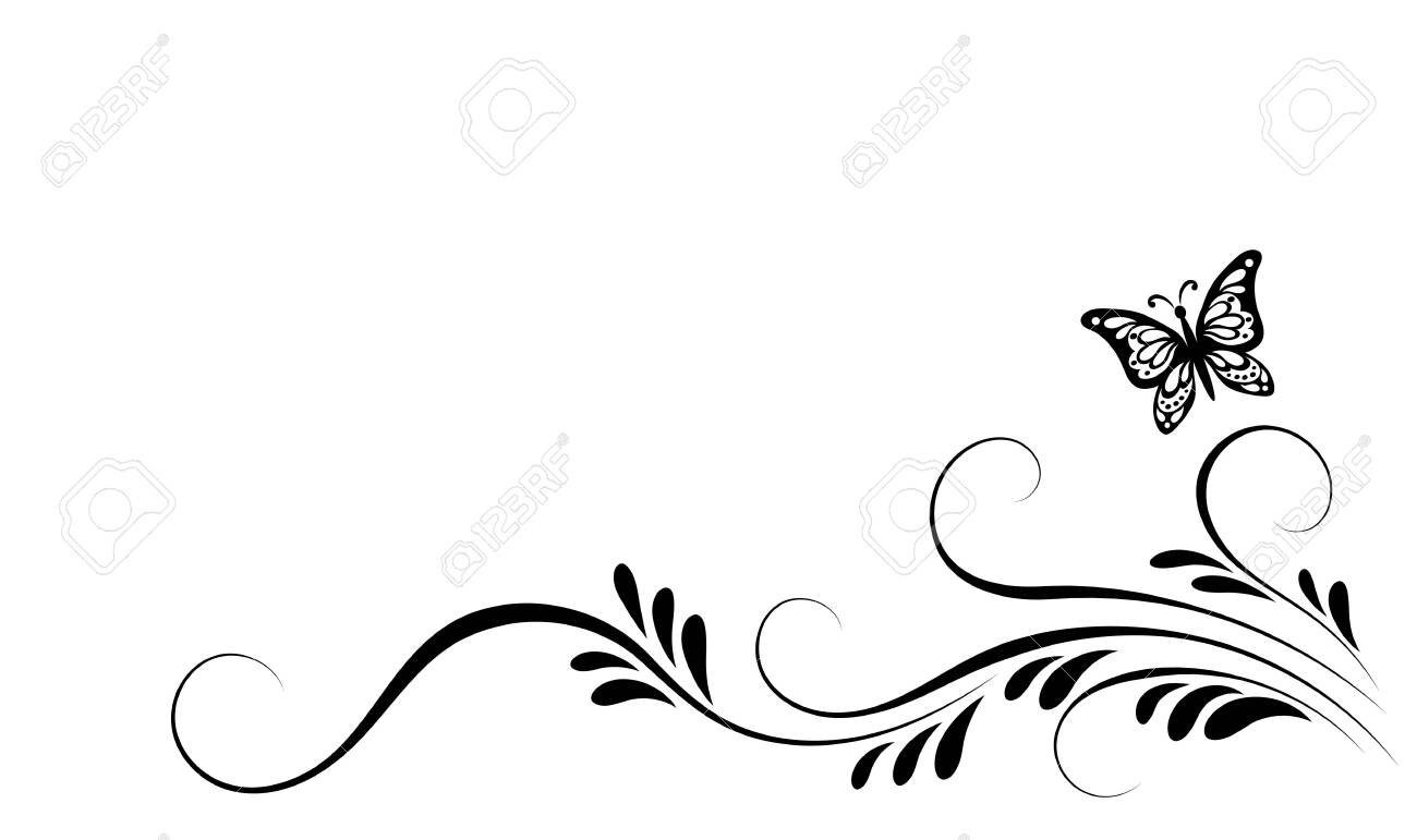 Vintage corner floral ornament with flying butterfly for greeting card, invitation or greeting text - 120334695 Vintage corner floral ornament with flying butterfly for greeting card, invitation or greeting text - 120334695