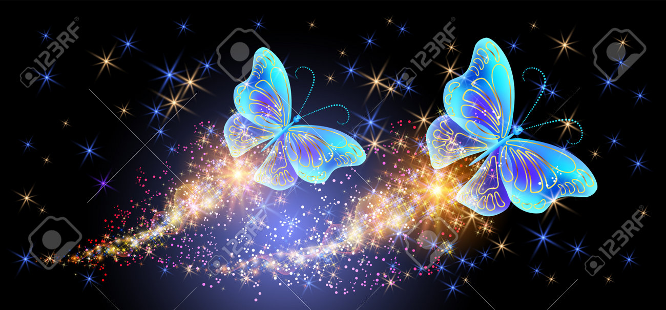 Flying Delightful Magical Butterflies With Sparkle And Blazing Trail Flying  In Night Sky Among Shiny Glowing Stars In Cosmic Space. Love And Romance  Concept. Royalty Free SVG, Cliparts, Vectors, and Stock Illustration., image size:1300x605