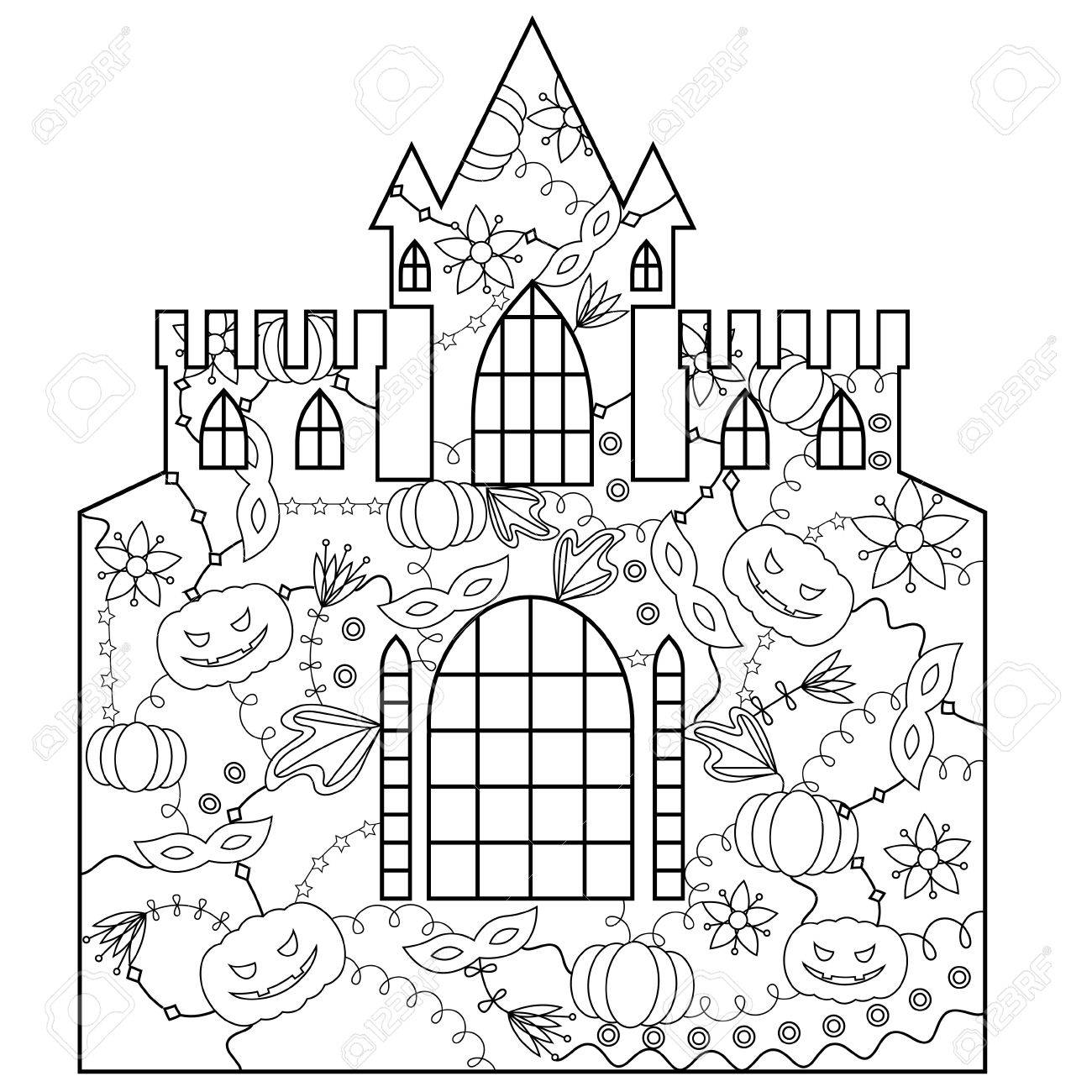 シルエット ステンシル テンプレート ハロウィン城のカラーリングのイラスト素材 ベクタ Image