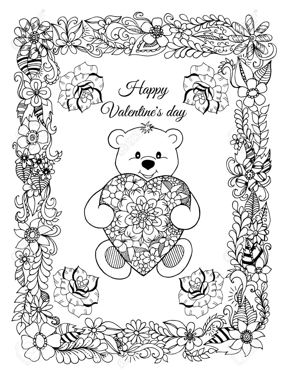 Illustration Valentines Un Ours En Peluche Avec Un Coeur Dans Un Cadre De Fleurs Le Travail Fait à La Mainréserver Coloriage Anti Stress Pour Les