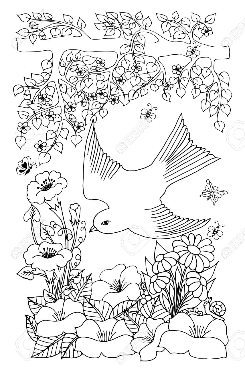 Illustration Vectorielle Oiseau Volant Parmi Les Fleurs Travail Fait à La Main Livre à Colorier Anti Stress Pour Adultes Et Enfants Noir Et Blanc