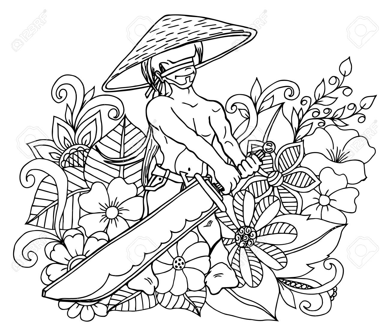 花の中で若い侍 手で作られた作品 大人と子供のため抗ストレスのぬりえの本 黒と白 のイラスト素材 ベクタ Image 72533765