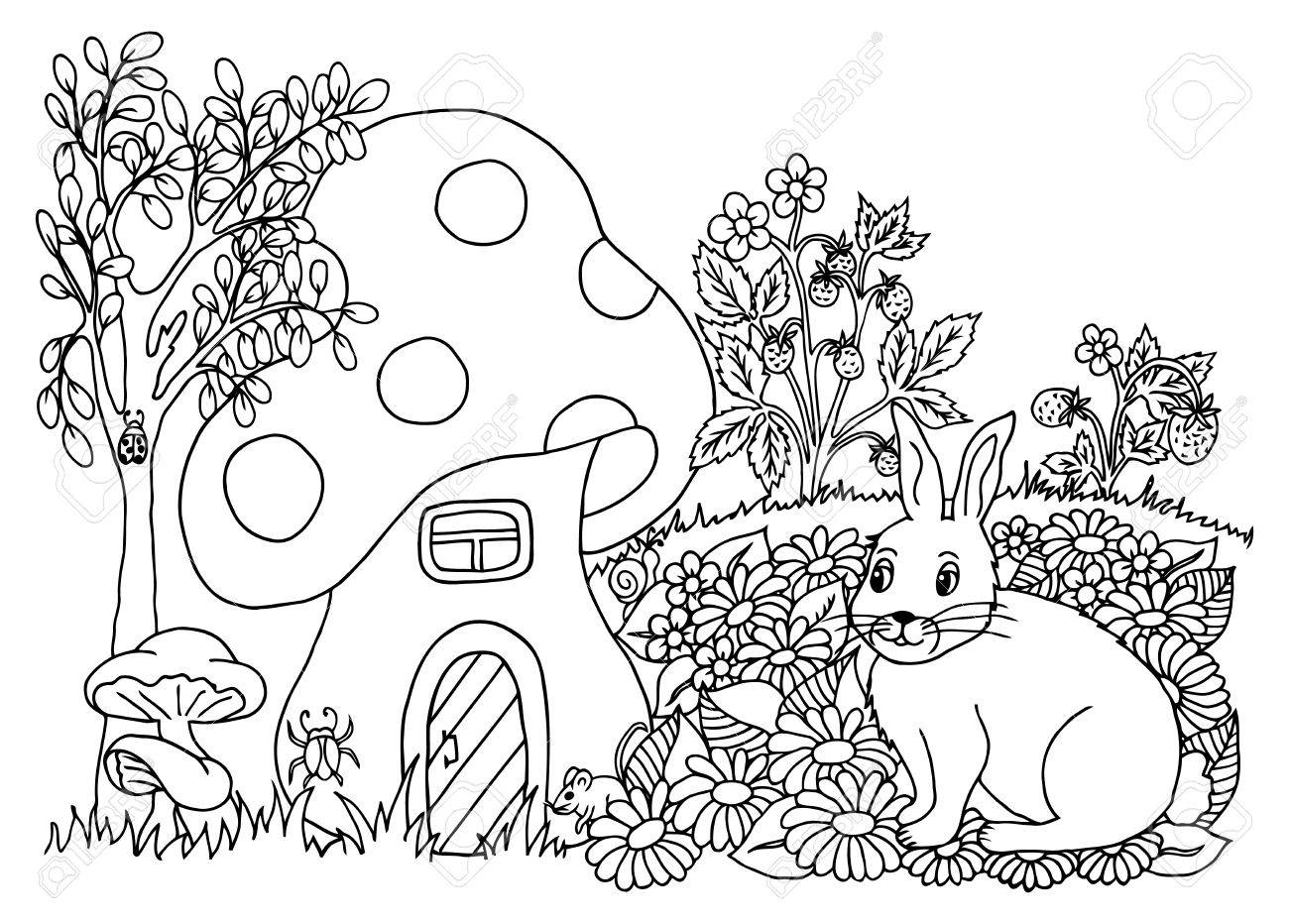 花から空き地で菌ロッジの横にウサギ 手で作られた作品 大人と子供のため抗ストレスのぬりえの本 黒と白 のイラスト素材 ベクタ Image 72533770