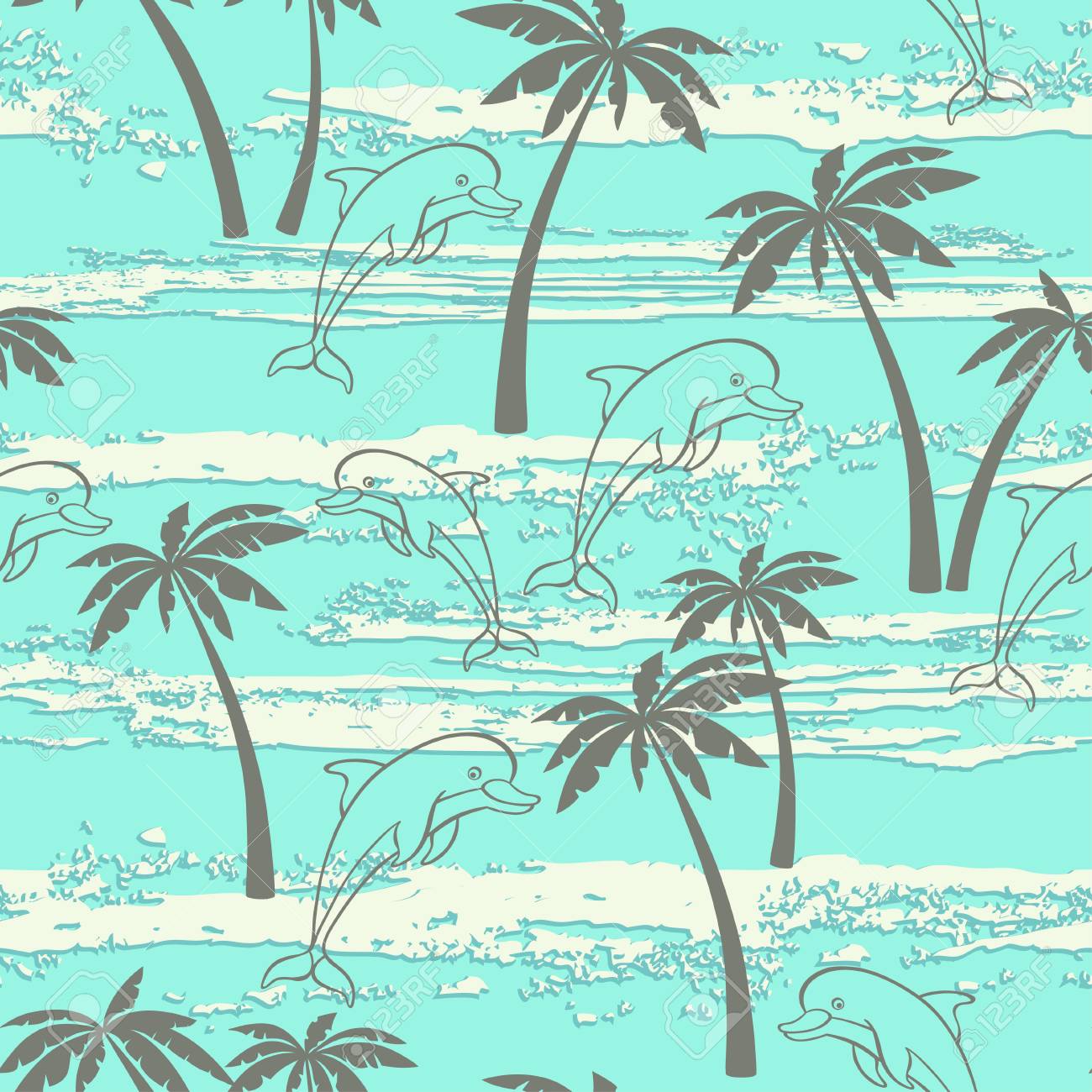 イルカとヤシの木とのシームレスなパターン 夏の背景 のイラスト素材 ベクタ Image