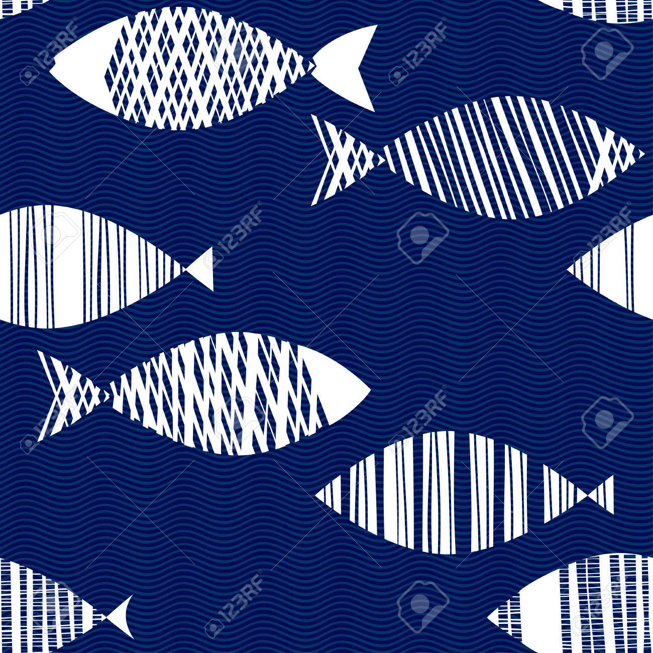 Seamless pattern with cartoon fishes. Hand drawn vector illustration on the texture background .. - 51565828 Seamless pattern with cartoon fishes. Hand drawn vector illustration on the texture background .. - 51565828