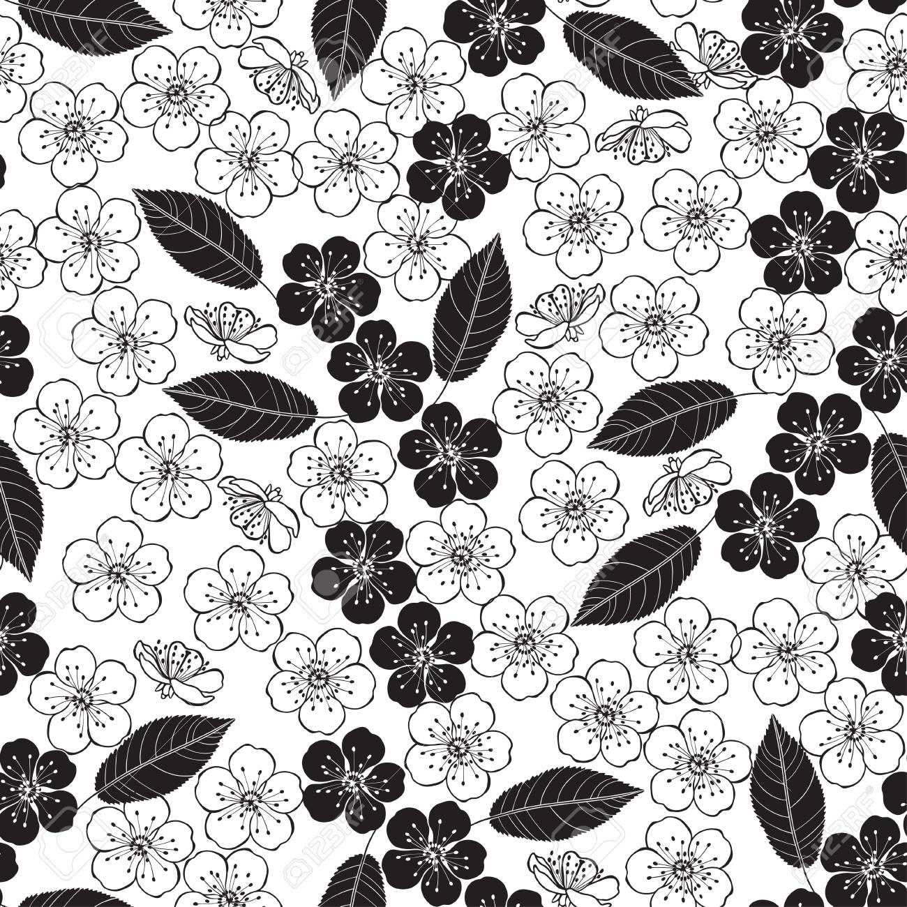 桜とのシームレスなパターン 黒と白のベクトル 花の白黒イラストです のイラスト素材 ベクタ Image