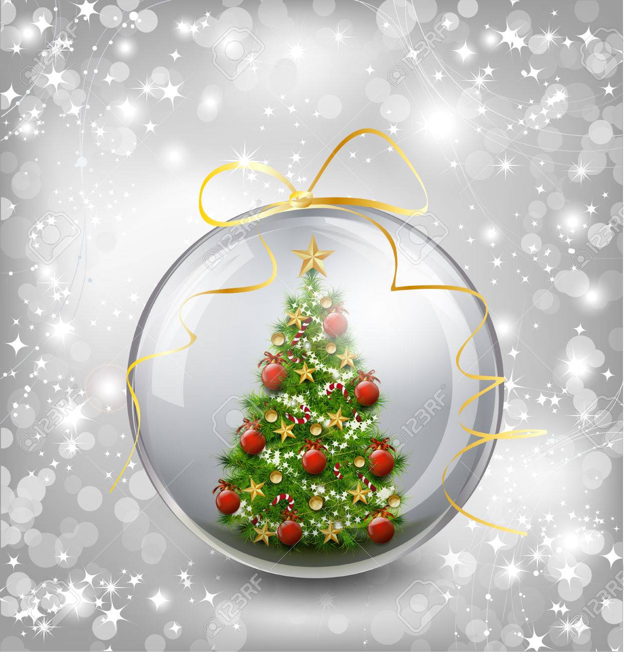 christmas card with snow snowflakes globe and christmas tree