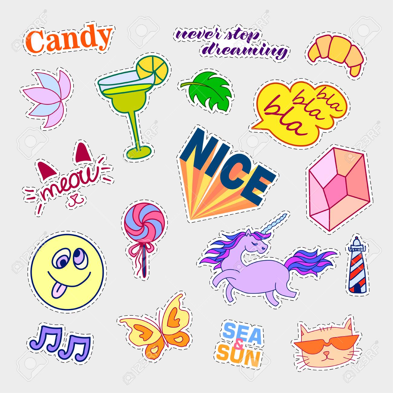 ファッション パッチ バッジ 大きなセット ステッカー ピン パッチ 手書きノートのコレクション 80 年代 90 年代コミック スタイルを漫画します 傾向 ベクトル図が分離されました ベクター クリップ アート のイラスト素材 ベクタ Image