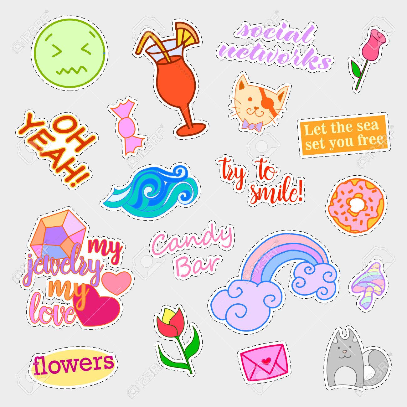 ファッション パッチ バッジ 大きなセット ステッカー ピン パッチ 手書きノートのコレクション 80 年代 90 年代コミック スタイルを漫画します 傾向 ベクトル図が分離されました ベクター クリップ アート のイラスト素材 ベクタ Image