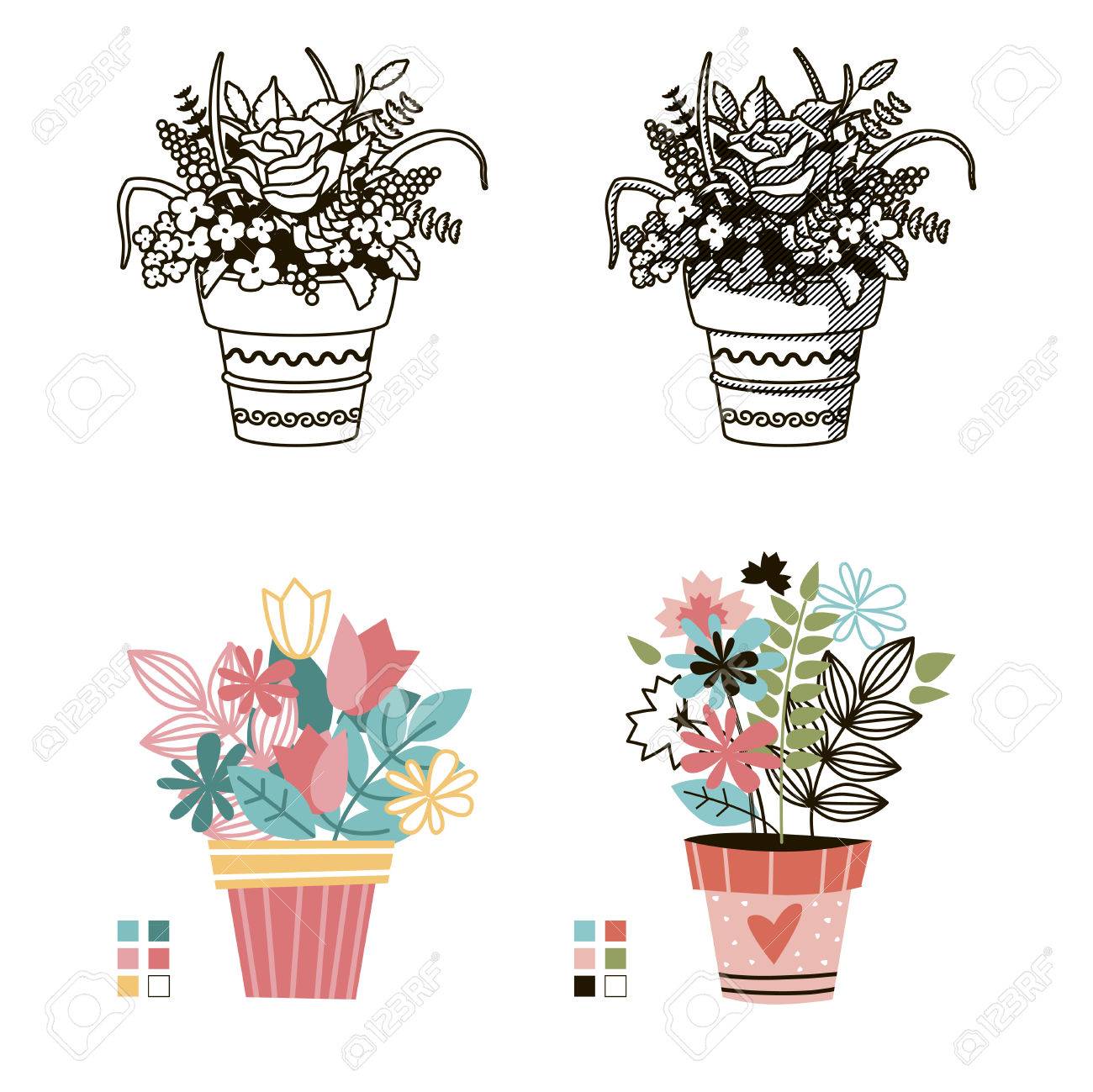 Fleurs En Pots Ligne Noire Peinte Sur Fond Blanc Style Mignon Coloré Lignes De Dessin Vectoriel