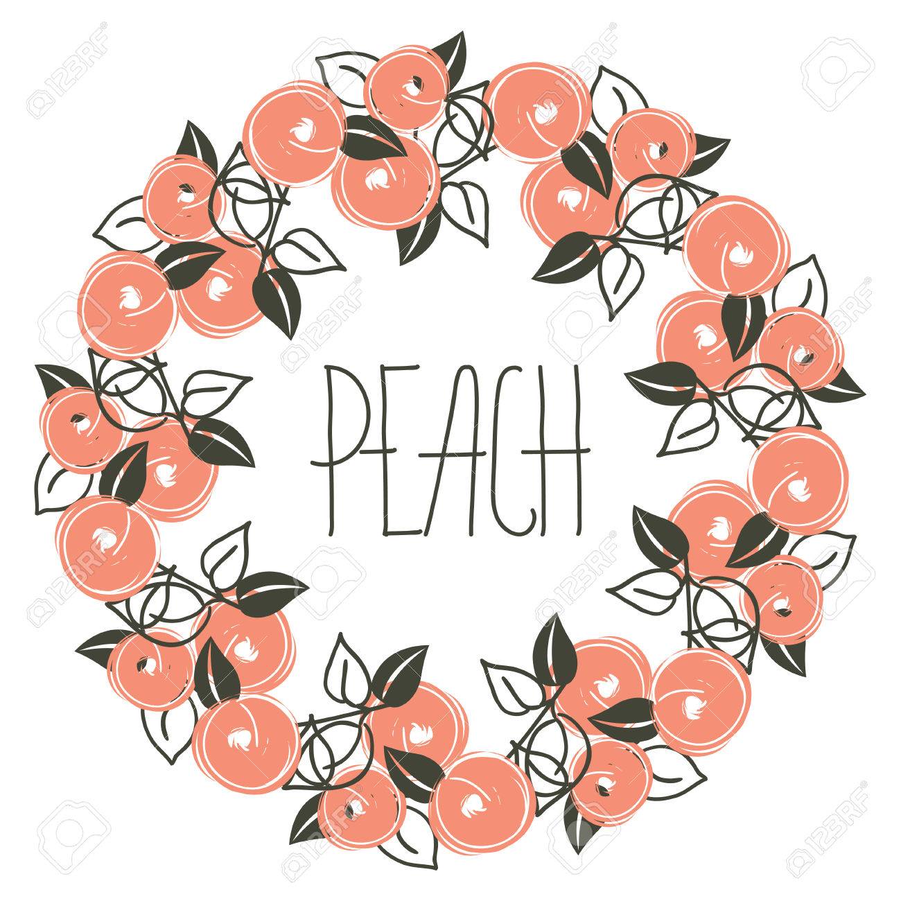 様式桃と手 Rdawing レタリング 桃から花輪と花柄 壁紙 テキスタイル 概念 包装 結婚式のデザイン 健康カード グリーティングのためのデザインのイラスト素材 ベクタ Image