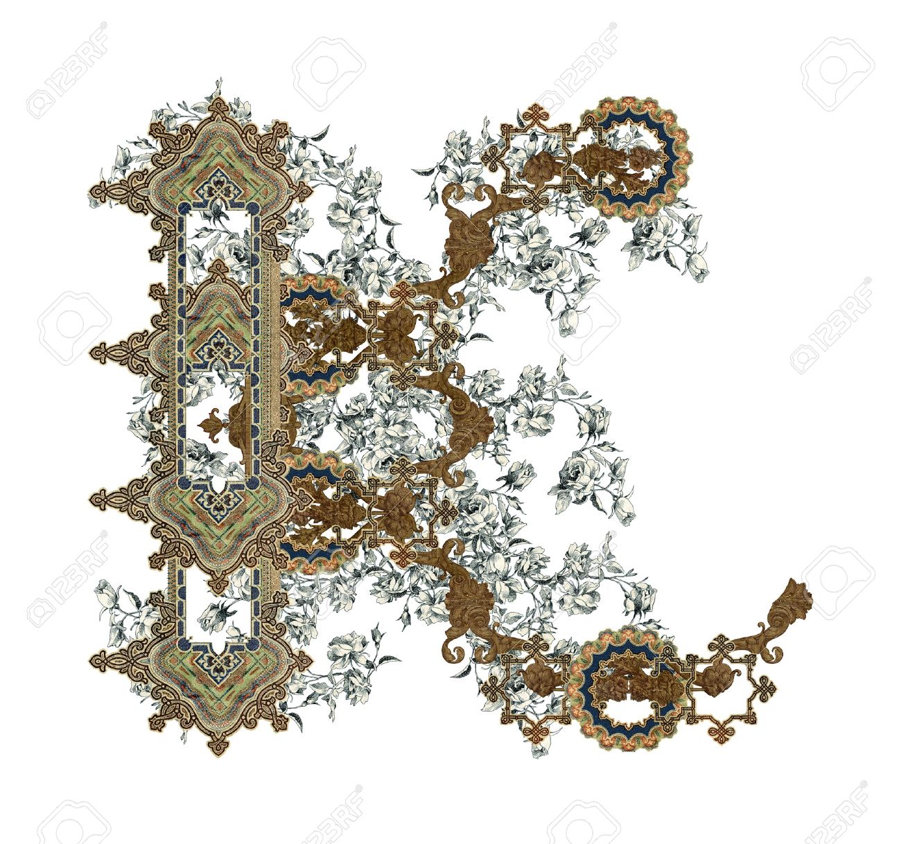 Luxuriously illustrated old capital letter K with flowers. - 6971030 Luxuriously illustrated old capital letter K with flowers. - 6971030