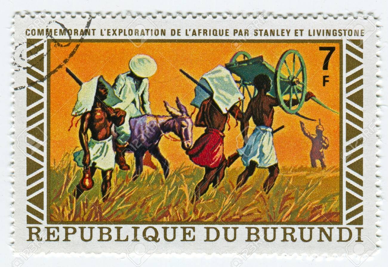 ブルンジ 1973 年頃 ヘンリー モートン スタンリーのイメージは 1973 年頃デイヴィッド リヴィングストンを満たしているブルンジの印刷スタンプを示します の写真素材 画像素材 Image