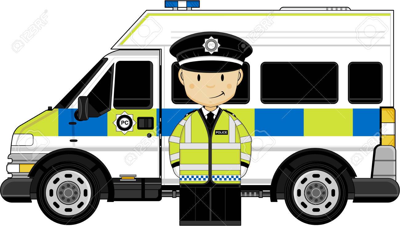 かわいい漫画の警官と警察バン のイラスト素材 ベクタ Image