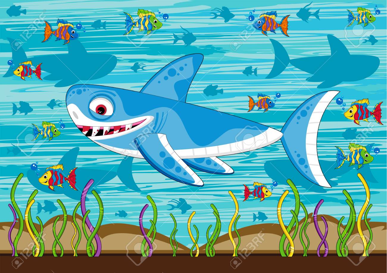 かわいい漫画のサメや熱帯魚のイラスト素材 ベクタ Image かわいい漫画のサメや熱帯魚のイラスト素材 ベクタ Image