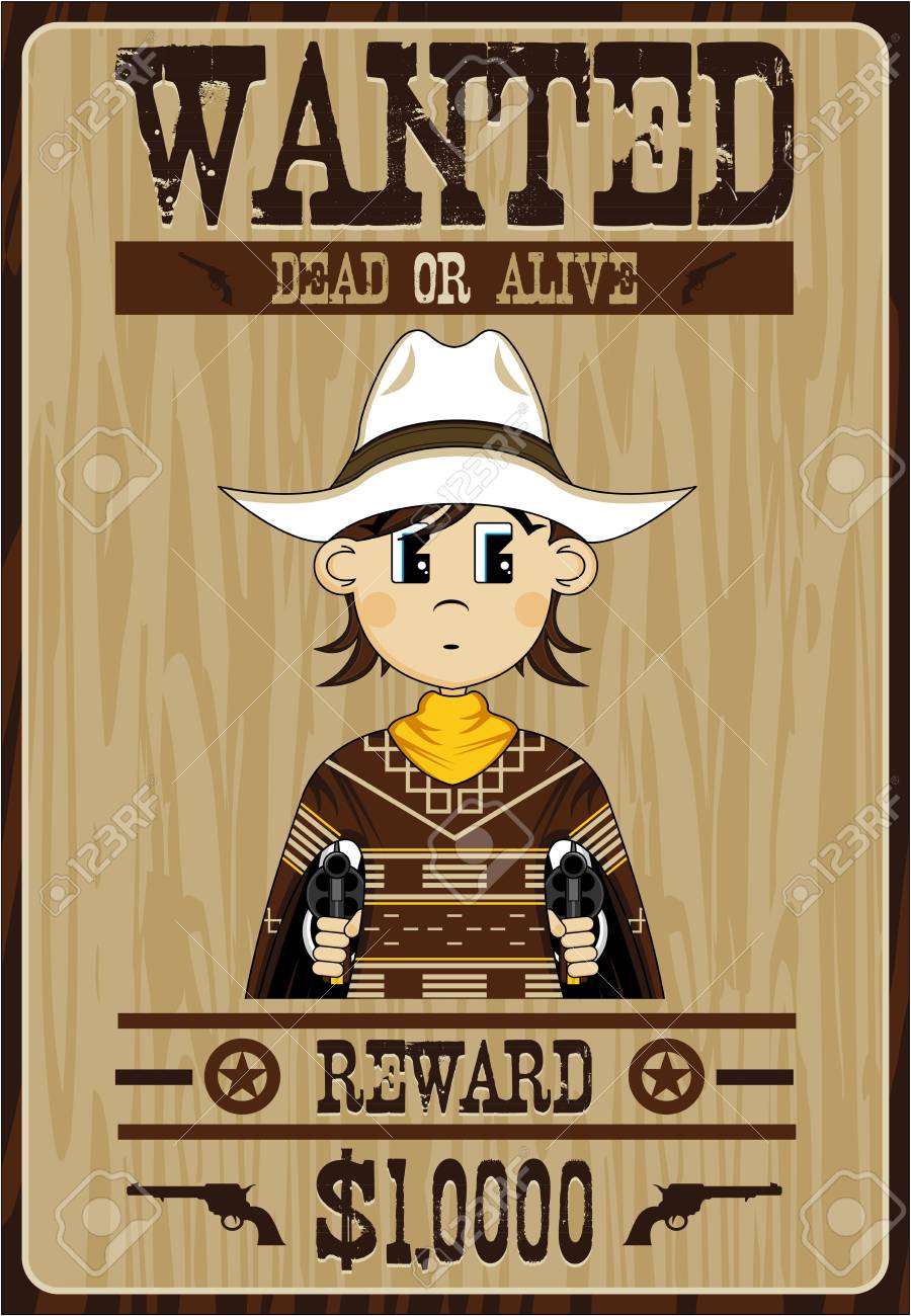 漫画の野生の西のカウボーイの指名手配ポスターのイラスト素材 ベクタ Image