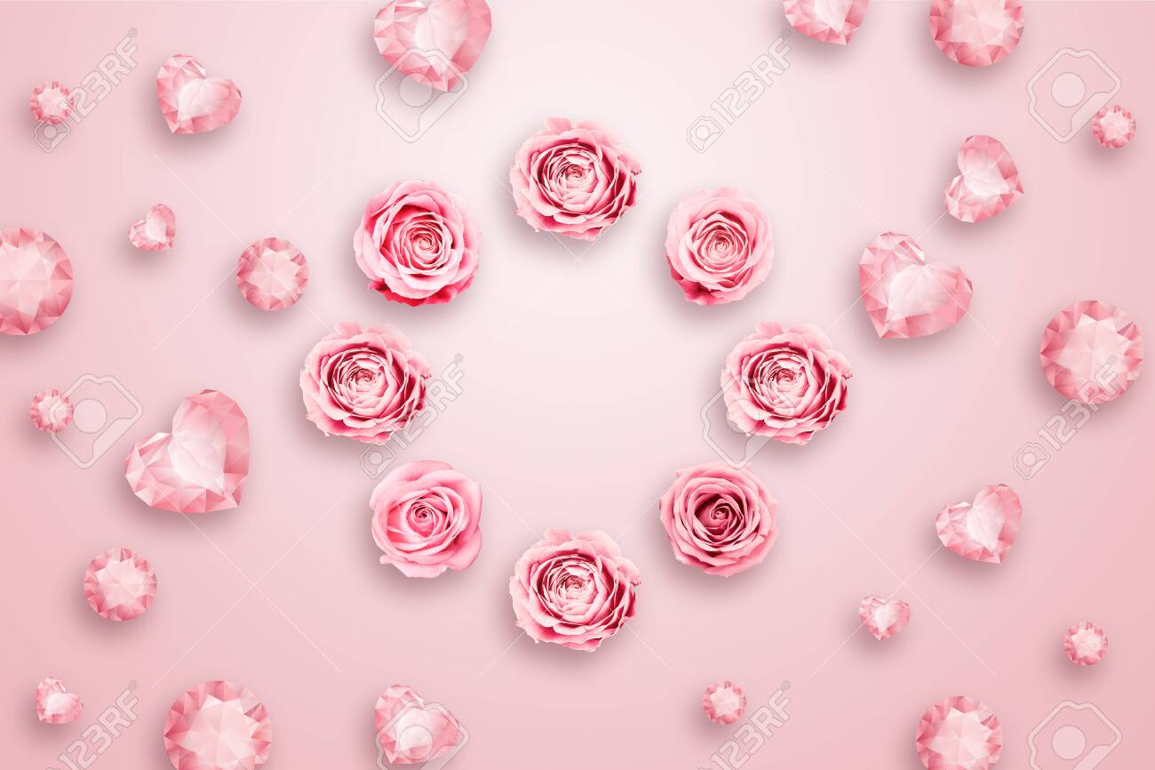Pink roses and green leaves against a pink background. flat lay, copy space, Mixed media, top view. - 122336380 Pink roses and green leaves against a pink background. flat lay, copy space, Mixed media, top view. - 122336380