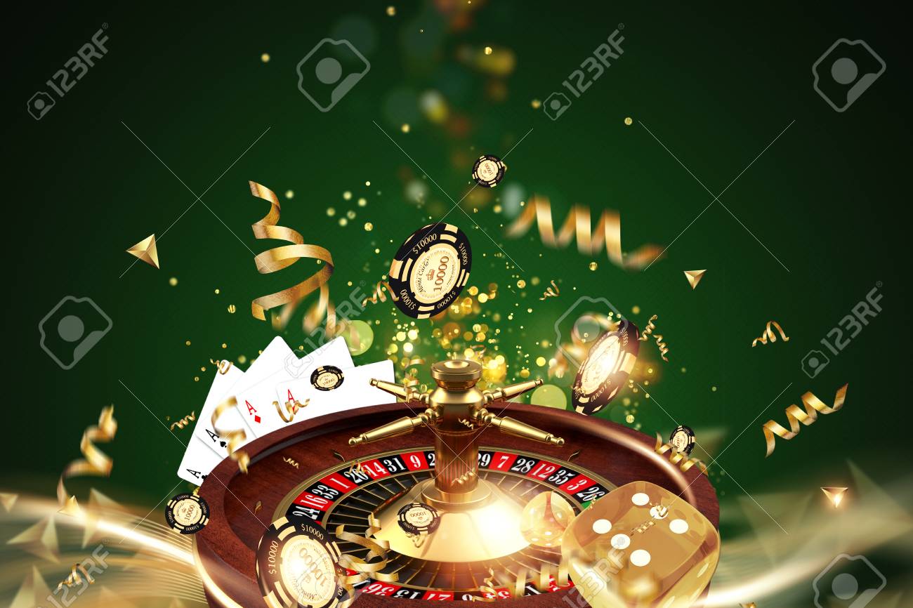 Creative Background, Roulette, Gaming Dice, Cards, Casino Chips On A Green Background. The Concept Of Gambling, Casino, Winnings, Vegas Games. 3D Render, 3D Illustration Stock Photo, Picture And Royalty Free Image. Image