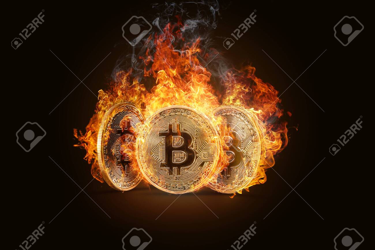Three Golden Coins Bitcoin Burning In A Fiery Flame On A Dark Background.  Electronic Money, The Burning Of Crypto Currency. Stock Photo, Picture and  Royalty Free Image. Image 122491360.