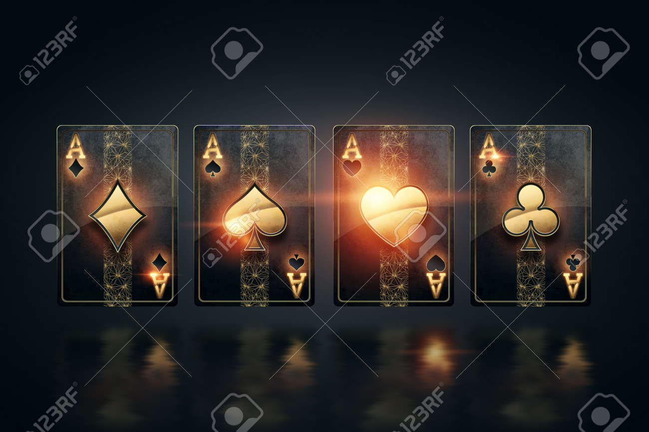 Black Gold Playing Cards For Poker, Four Aces On A Dark Background. Design Template. Casino Concept, Gambling, Header For The Site. Copy Space, 3D Illustration, 3D Render Stock Photo, Picture And Royalty