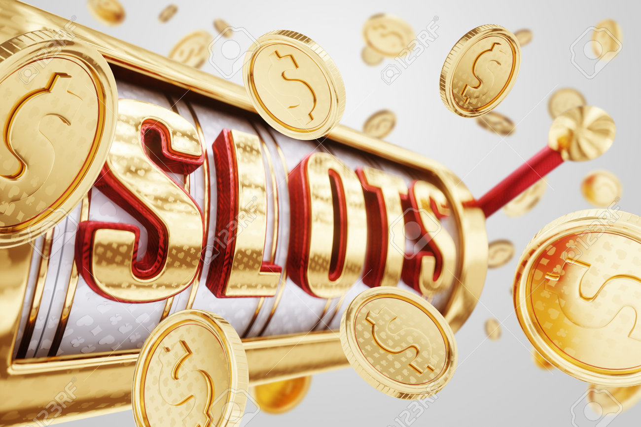 モダンなデザイン、カジノスロット、777、広告用ポスター、サイトのヘッダー。スロットマシン、コイン、カジノ、オンライン、賭け、リスク3Dレンダリング3Dイラストの写真素材・画像素材  Image 195423581