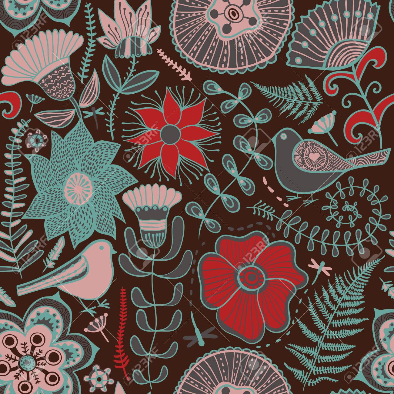 花 鳥や蝶とのシームレスなテクスチャです シームレスなパターンは 壁紙 パターンの塗りつぶし Web ページの背景 表面のテクスチャ に使用できます 豪華なシームレスな花の背景 の写真素材 画像素材 Image