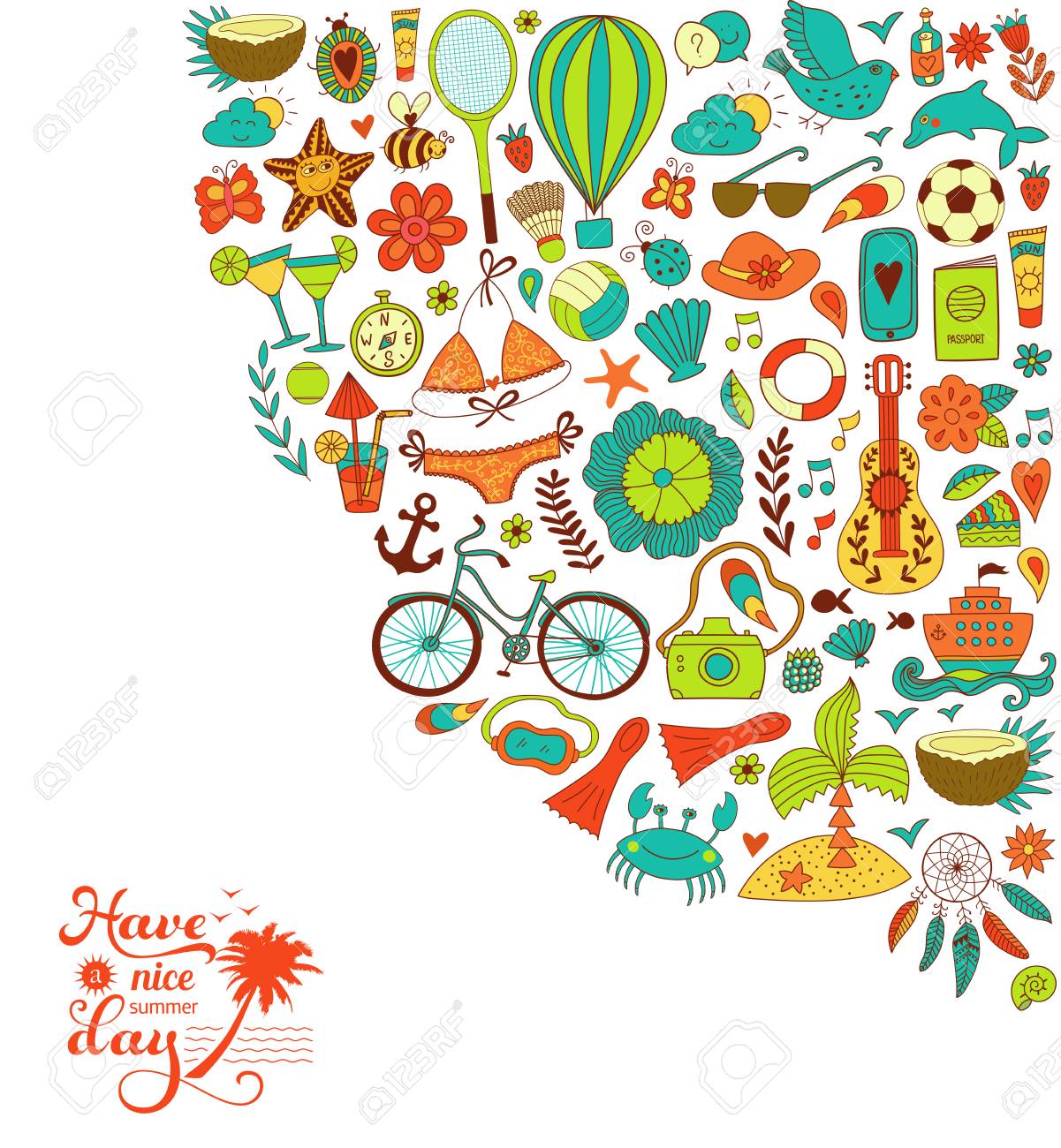 Verano De Diseno Garabatos Ilustracion Vacaciones Del Viaje Oceano Y Concepto De La Playa Ilustraciones Vectoriales Clip Art Vectorizado Libre De Derechos Image