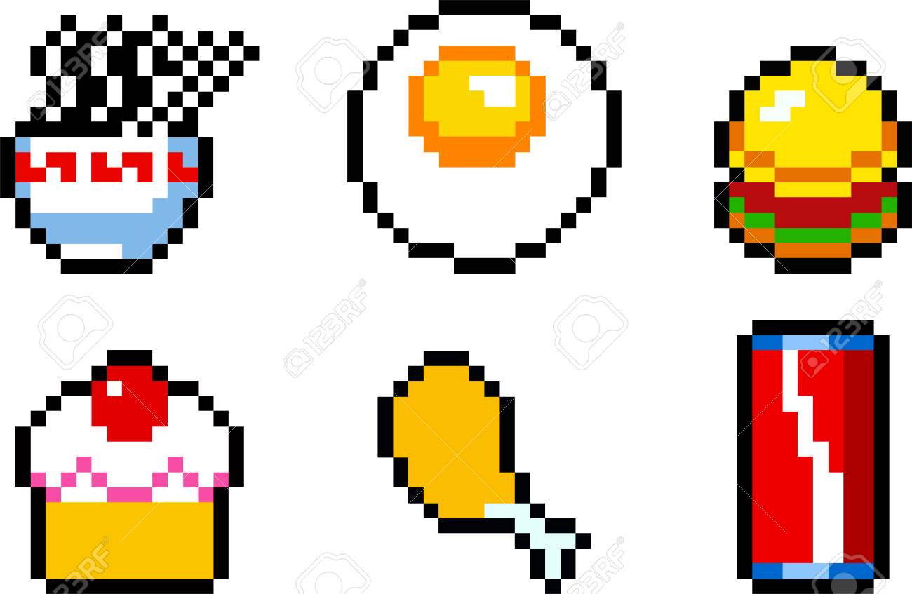 ピクセル アート スタイルのフード アイコンのセットです。レトロな 8 ビットまたは 16  ビット。ゲーム、レトロ、ビジネス設計。簡単に編集可能な色と詳細なベクトル クリップ アートの写真素材・画像素材 Image 90073434