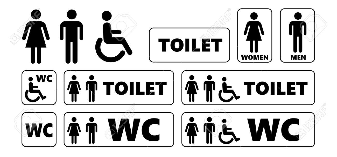女放尿 WC世界トイレの日。バスルームまたはトイレのアイコン。面白いベクトル放尿の兆候。ハンディキャップのある人、女性、男性、性別からおしっこピクトグラムまで。車椅子のロゴが付いている人間のハンディキャップのトイレの座席。のイラスト素材・ベクター  Image 155191220
