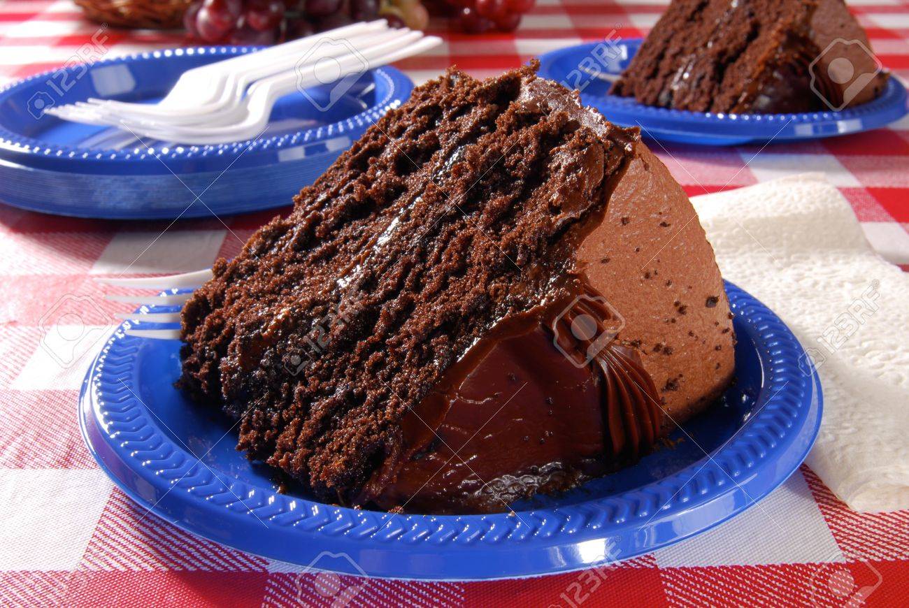 Une Tranche De Gateau Au Chocolat Riche Sur Une Table De Pique Nique Banque D Images Et Photos Libres De Droits Image