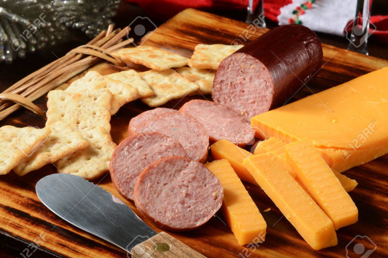 Sliced Summer Sausage With Cheddar Cheese And Crackers On A Holiday Stock Photo Picture And Royalty Free Image Image 34112890