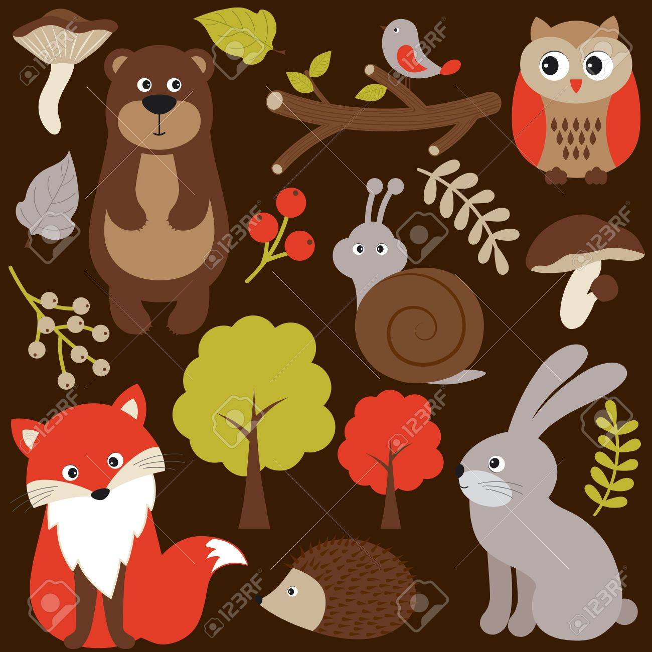 ベクトル森の動物は ウサギ キツネ ハリネズミ フクロウ カタツムリと設定します のイラスト素材 ベクタ Image