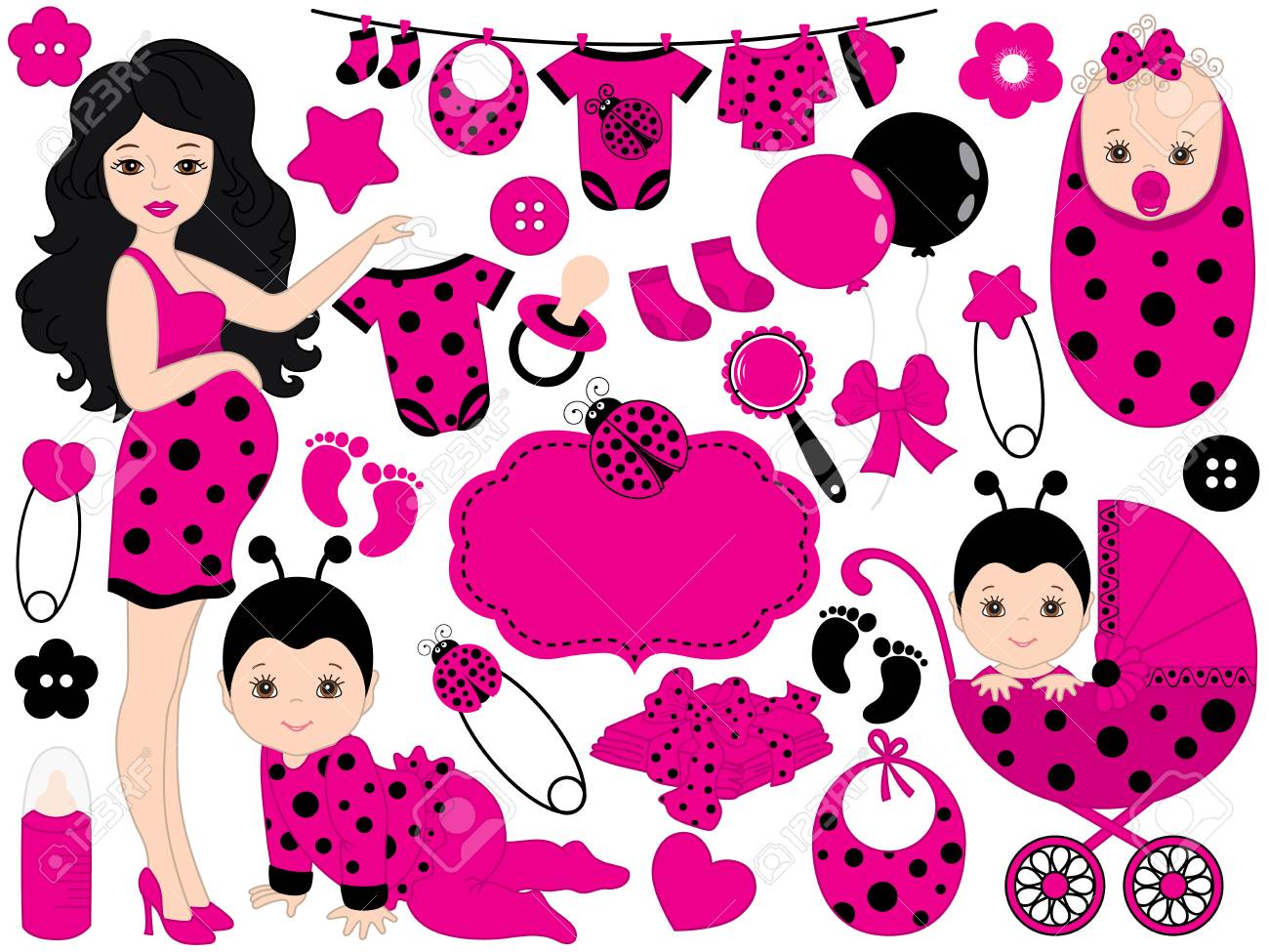 Vecteur Jolie Bebe Ensemble Avec Modele Coccinelle Comprend Une Femme Enceinte Une Petite Fille Une Poussette Des Jouets Et Des Vetements Pour Bebes Vector Baby Girl Illustration De Vecteur De Douche De