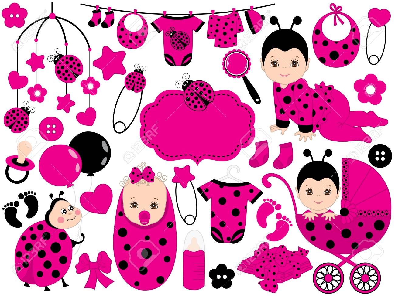 Vecteur Mignon Bebe Fille Sertie De Motif Coccinelle Comprend Une Petite Fille Poussette Ballons Jouets Pour Berceau Vetements Pour Bebe Et Coccinelle Clip Art Libres De Droits Vecteurs Et Illustration Image