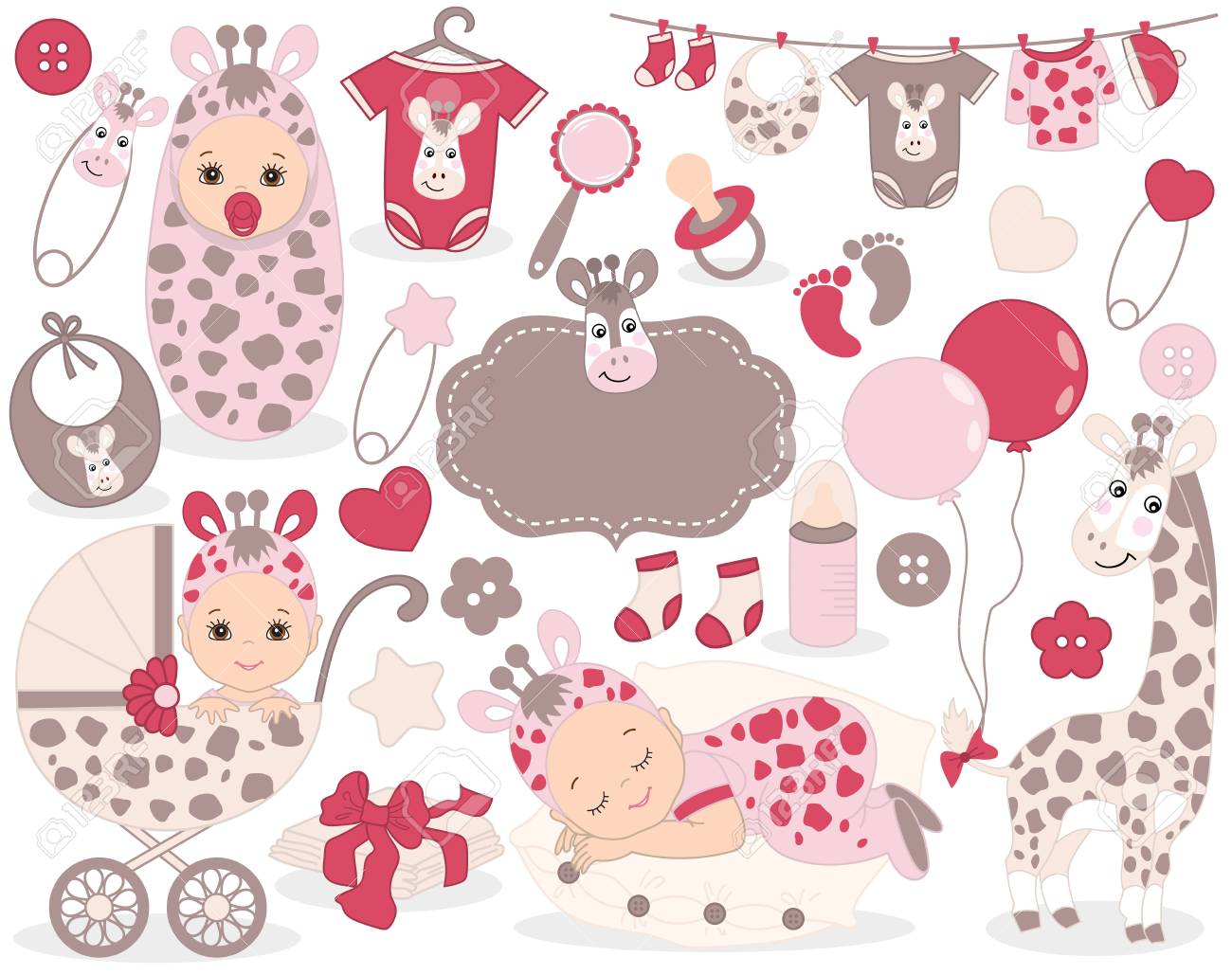 かわいい赤ちゃん女の子セット キリン パターンをベクトル 女の赤ちゃん おもちゃ ベビーカー 風船 赤ちゃんの服が含まれています ベクトルの女の子 ベビー シャワーのベクター イラストです のイラスト素材 ベクタ Image