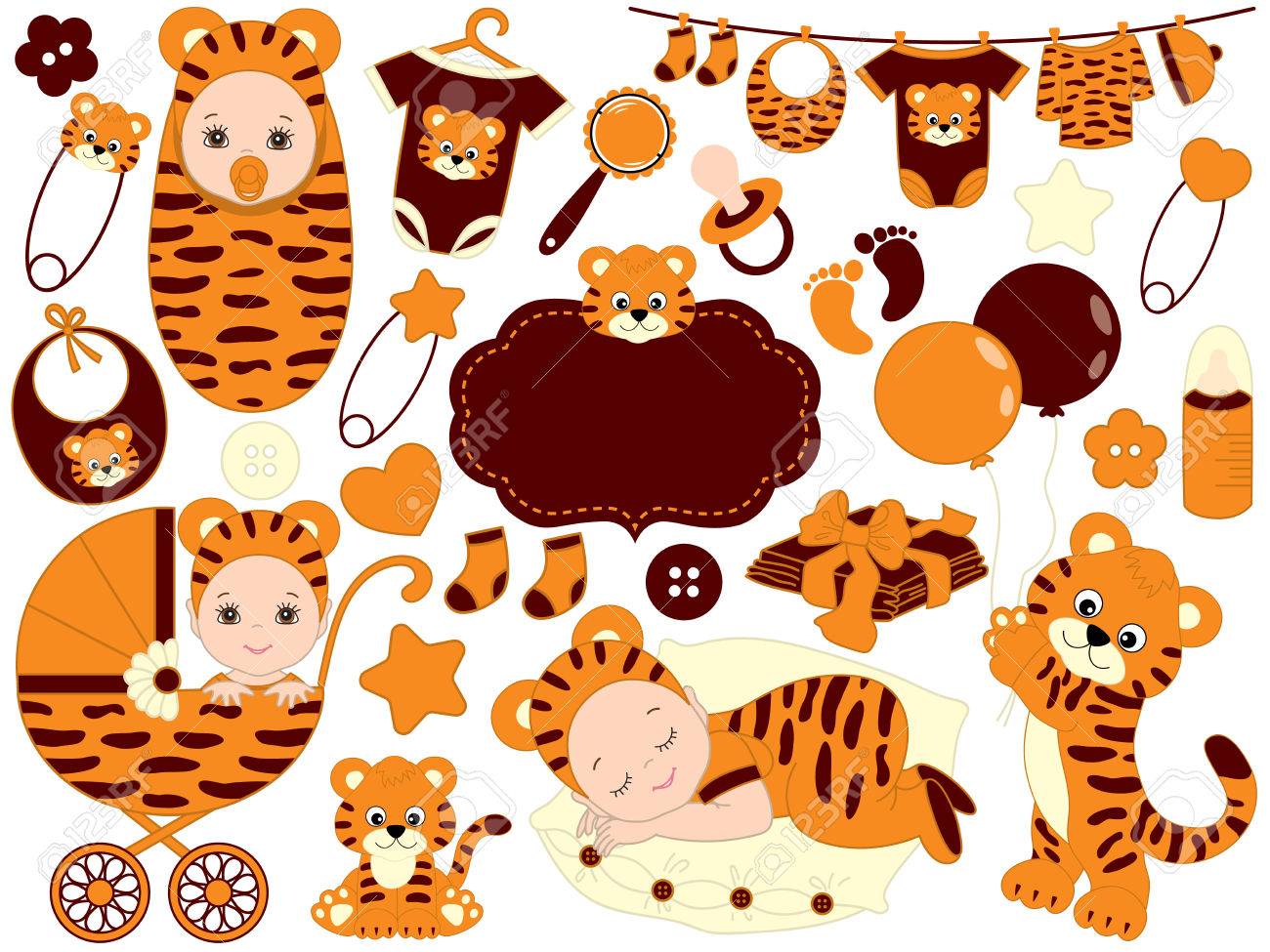 Ensemble De Bebe Mignon Avec Motif Tigre Comprend Bebe Bebe Jouets Poussette Et Vetements Pour Bebes Illustration De Vecteur De Douche De Bebe Clip Art Libres De Droits Vecteurs Et Illustration
