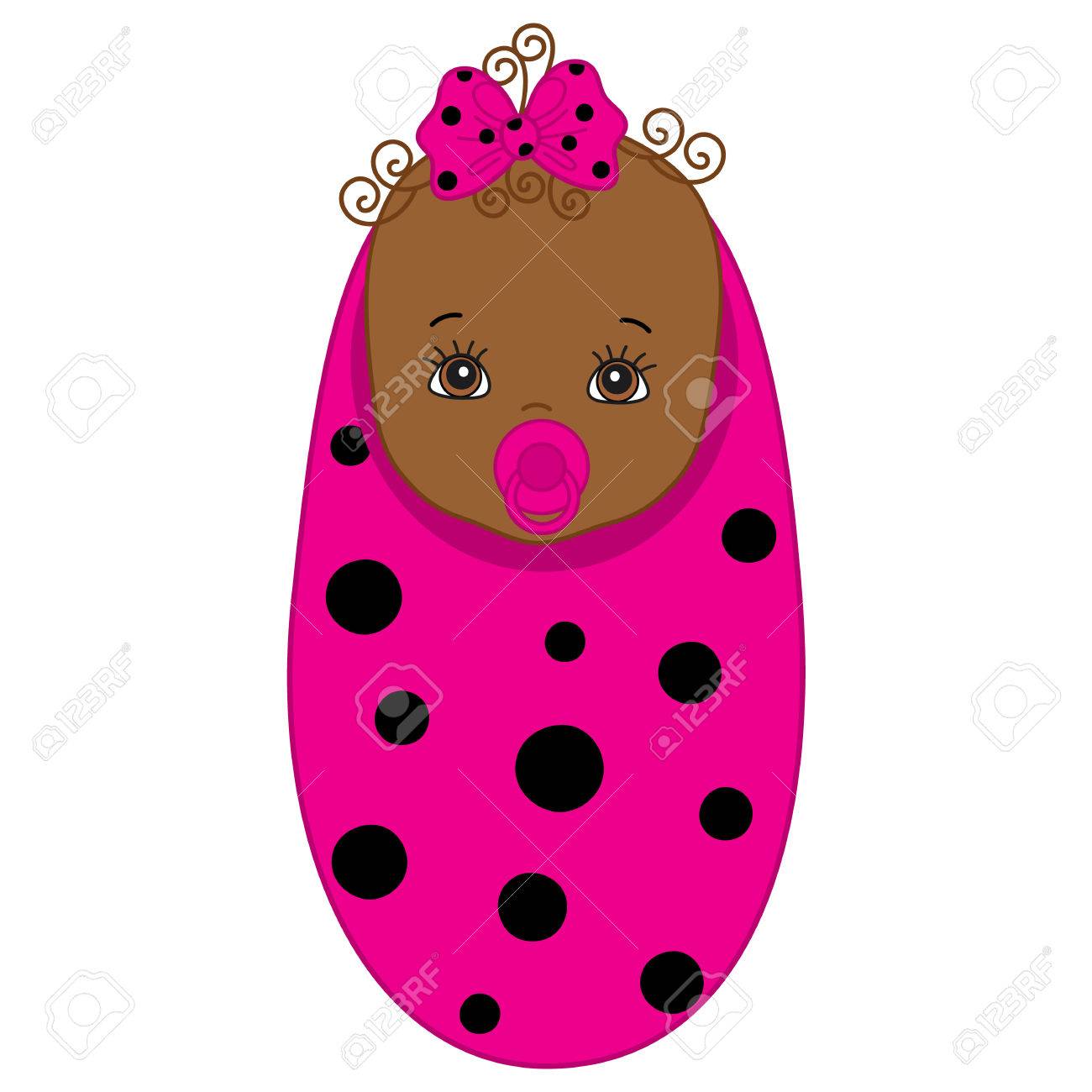 ベクトルのアフリカ系アメリカ人のかわいい女の子は てんとう虫パターンのブランケットに包まれて ピンクと黒のてんとう虫の衣装で女の赤ちゃん ベクトルの 女の子 新生児のベクター イラストです のイラスト素材 ベクタ Image