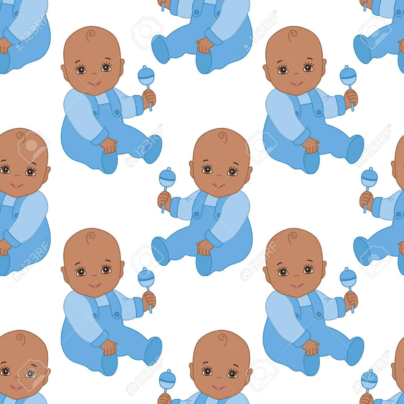 白い背景の上のアフリカ系アメリカ人のかわいい赤ちゃん 男の子とシームレスなパターンをベクトル 男の子の赤ん坊シャワーのためのシームレスなパターン アフリカ系アメリカ人の赤ちゃん男の子のベクター イラストです のイラスト素材 ベクタ Image