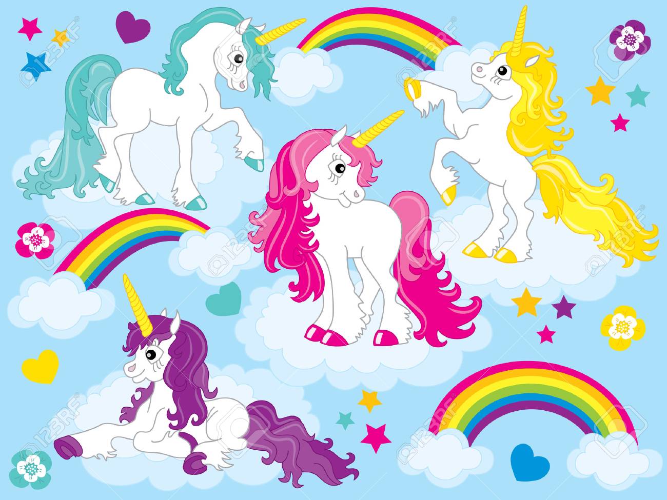 青色の背景にカラフルなたてがみとかわいいユニコーンのベクトルを設定