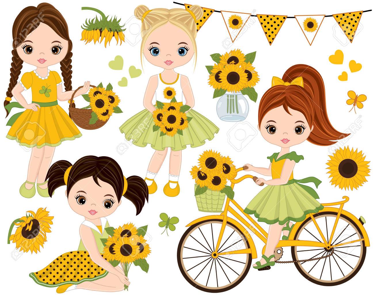 ベクトルをかわいい女の子とバスケット ひまわり ホオジロ 蝶と自転車を設定します 小さな女の子のベクトル イラストのイラスト素材 ベクタ Image