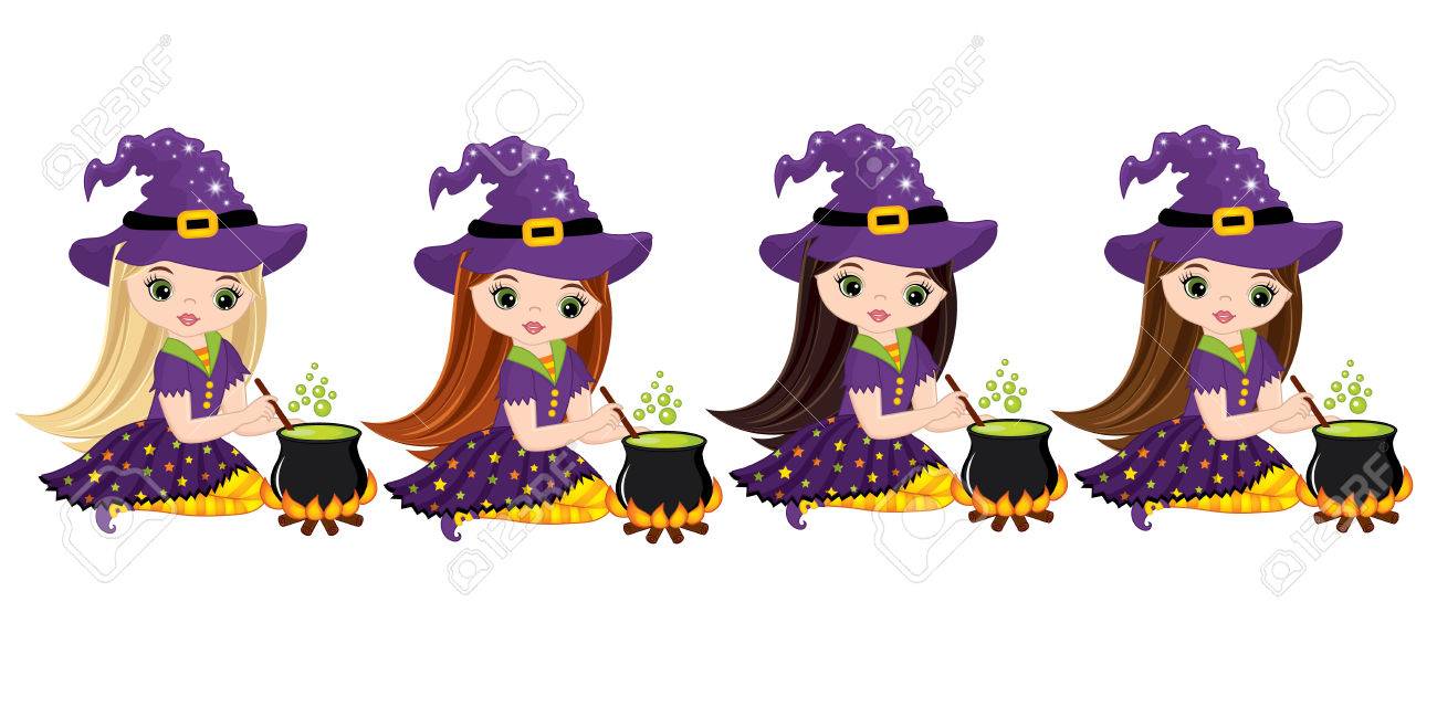 少しベクトルかわいい魔女の釜で料理の魔法のポーションの さまざまな髪色のハロウィーン魔女をベクトルします ハロウィン魔女ベクトル イラストのイラスト素材 ベクタ Image