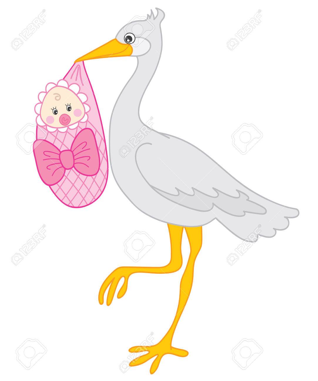 Cigogne Grise Tenant Une Petite Fille Cigogne Douche De Bebe Illustration De Cigogne Et Bebe Fille Clip Art Libres De Droits Vecteurs Et Illustration Image