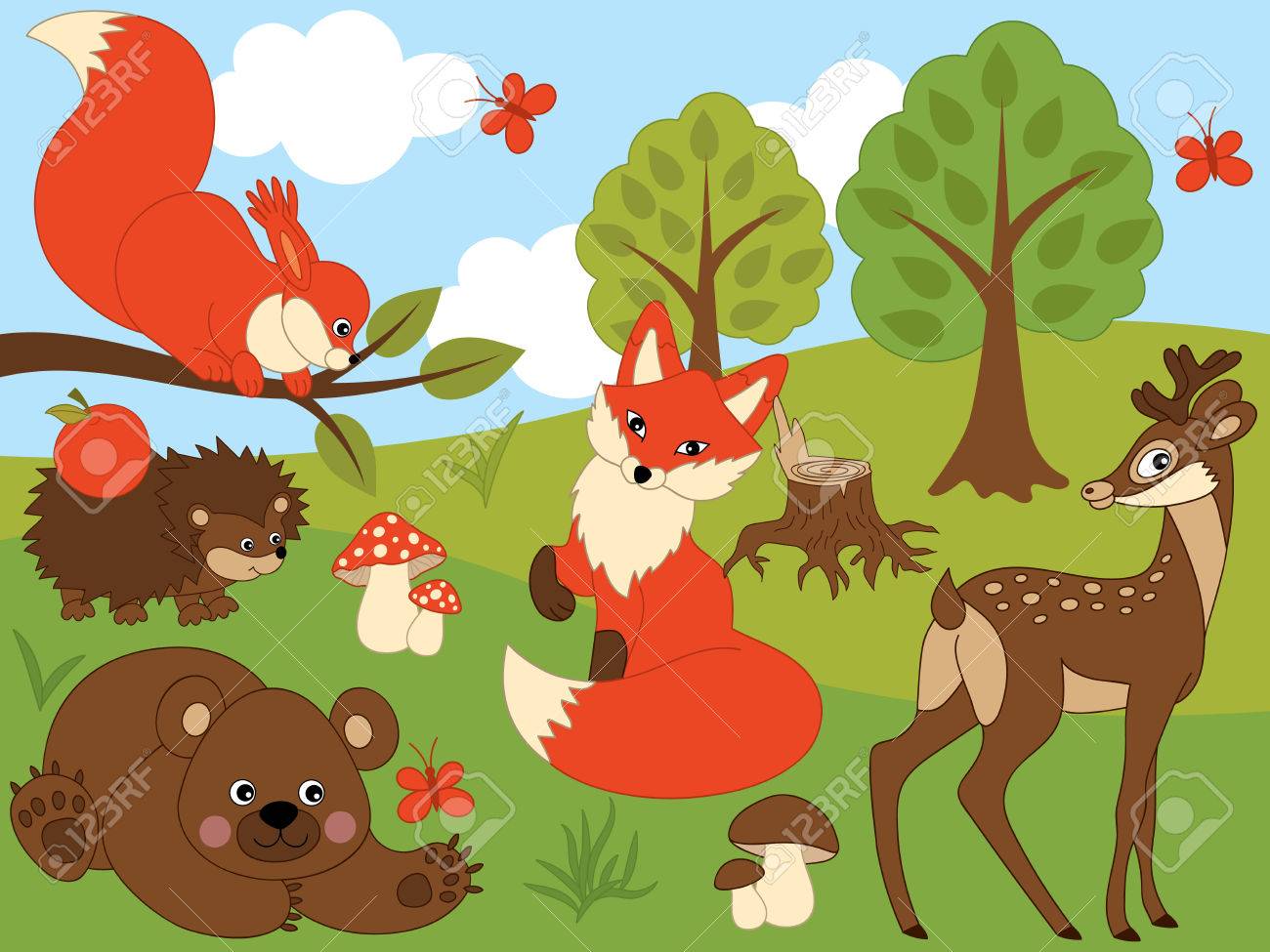 かわいい森の動物のベクトルを設定します セットには キツネ 鹿 熊 ハリネズミやリスが含まれています 森の動物のベクトル イラスト のイラスト素材 ベクタ Image